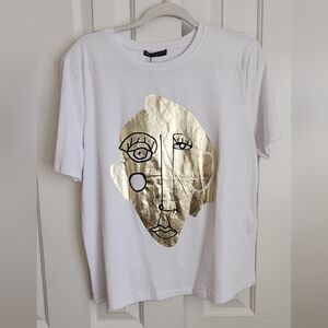 Zara NWT White T-Shirt with Gold Foil Design Sz L